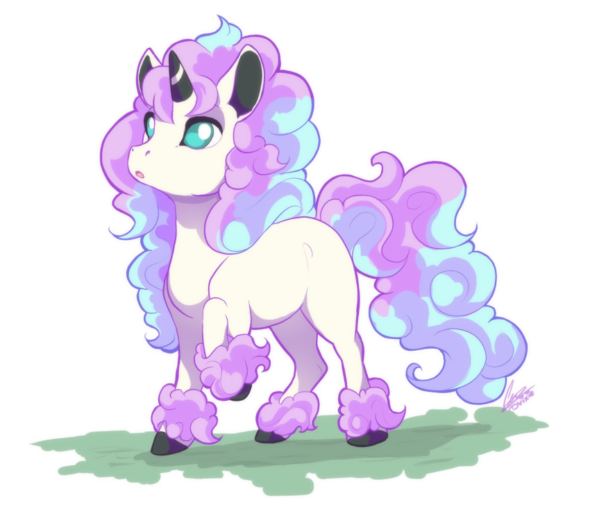 2019 ambiguous_gender blue_eyes blue_hair digital_media_(artwork) dvixie equid feral galarian_ponyta hair hi_res hooves horn mammal nintendo pok&eacute;mon pok&eacute;mon_(species) purple_hair quadruped regional_variant simple_background solo standing unicorn video_games white_background