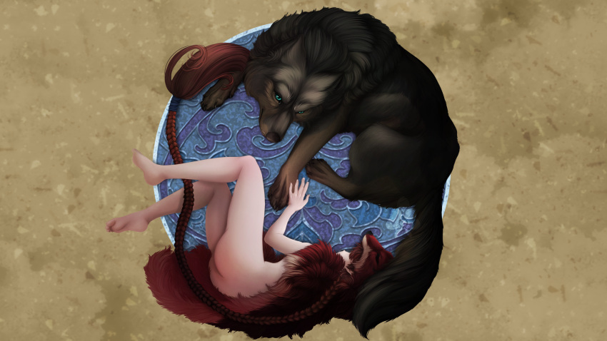 16:9 2019 butt canid canine canis claws digital_media_(artwork) duo feral fur hair hi_res male mammal nude red_body red_fur simple_background tjin_(artist) tjin_(character) toes wolf