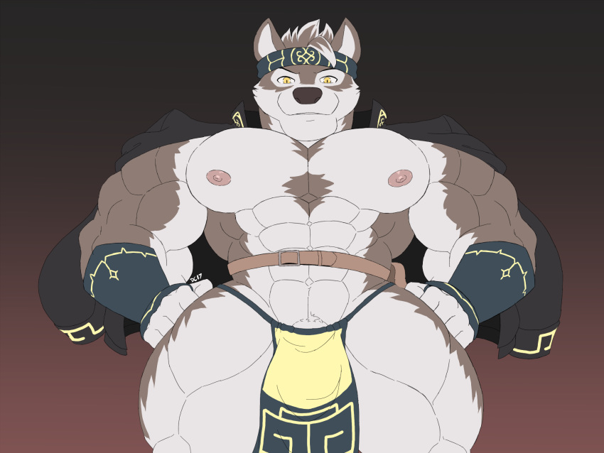 4:3 accessory anthro barazoku canid canine canis clothing dirty-canvas fur headband hi_res horkeukamui loincloth male mammal multicolored_body multicolored_fur muscular muscular_male nipples pecs smile solo tokyo_afterschool_summoners video_games white_body white_fur wolf