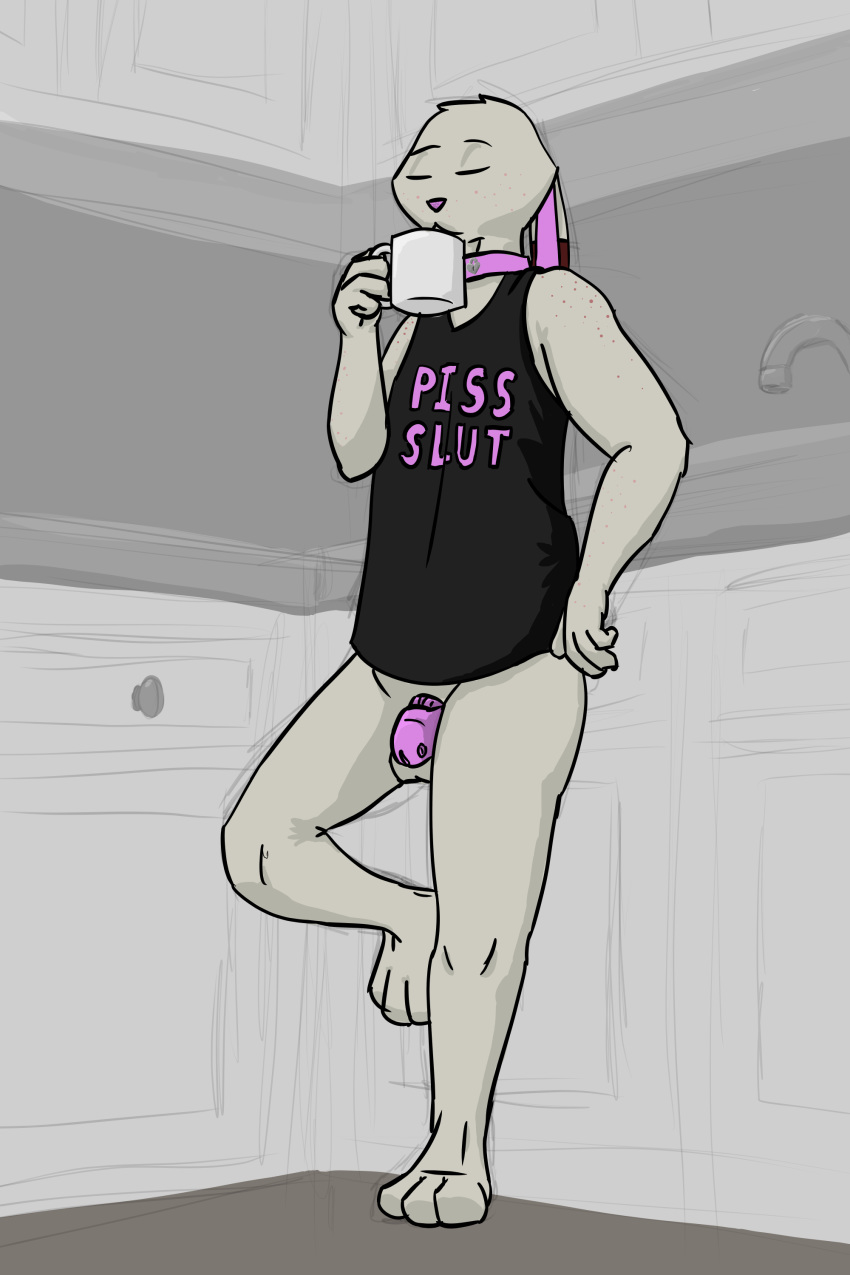 absurd_res alternate_version_at_source balls bottomless chastity_cage chastity_device clothed clothing coffee_cup collar english_text ev1lp1nk1 eyes_closed hi_res kitchen lagomorph leporid male mammal pink_theme rabbit shirt solo tank_top text topwear