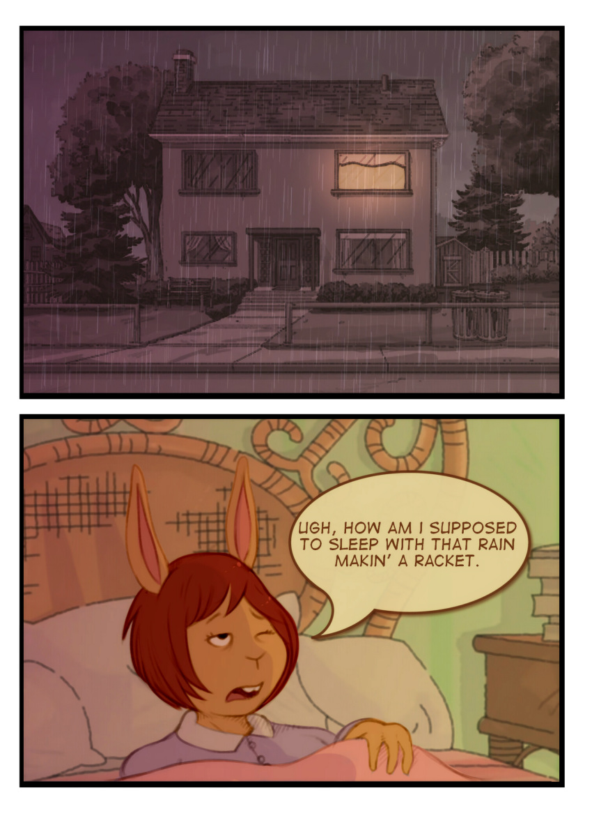 anthro arthur_(series) bed bzeh clothed clothing comic female furniture hi_res ladonna_compson lagomorph leporid mammal pillow rabbit raining solo young