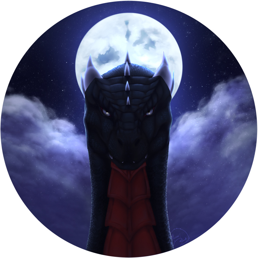 1:1 2019 absurd_res black_body black_scales detailed_background digital_media_(artwork) dragon ferrety-lixciaa headshot_portrait hi_res horn moon night outside portrait scales sky spines star starry_sky