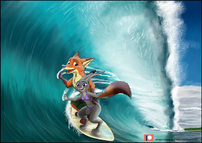 anthro bikini canid canine clothed clothing dipstick_ears dipstick_tail disney duo female fox green_eyes hi_res judy_hopps lagomorph leporid link6432 male mammal multicolored_ears multicolored_tail nick_wilde purple_eyes rabbit red_fox sea surfboard surfing swimming_trunks swimwear teeth water wave zootopia