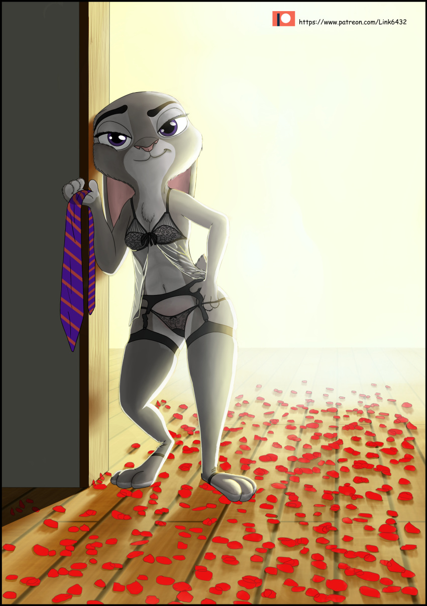 absurd_res anthro chest_tuft clothing disney ears_down female fur garter_belt garter_straps grey_body grey_fur hand_on_hip hi_res holding_object inside judy_hopps lagomorph legwear leporid light lingerie link6432 mammal multicolored_body multicolored_fur navel necktie panties pivoted_ears purple_eyes rabbit scut_tail solo standing stockings thigh_highs tuft two_tone_body two_tone_fur underwear zootopia