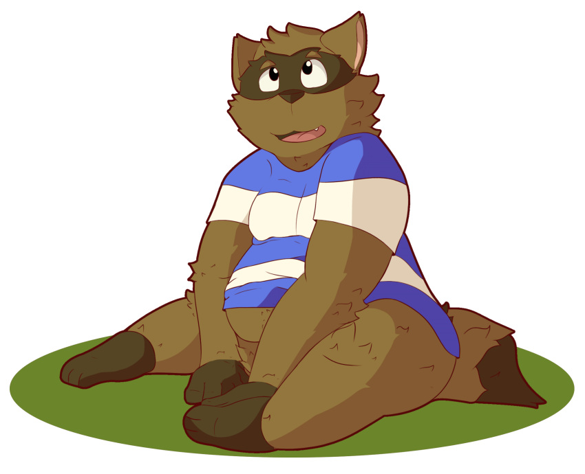 2018 anthro belly brown_body brown_fur clothing cute_fangs fur hi_res male mammal procyonid raccoon shirt simple_background sitting slightly_chubby snowhip solo timothy_(tgts) timothy_goes_to_school tongue topwear