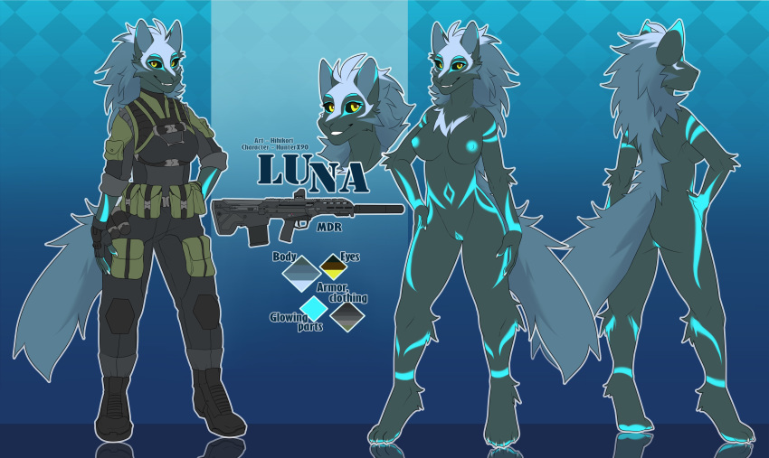 absurd_res anthro breasts butt canid canine canis clone clothed clothing female glowing hi_res hihikori looking_at_viewer luna_(hunterx90) mammal model_sheet nude pose pussy soldier solo uniform warrior wolf