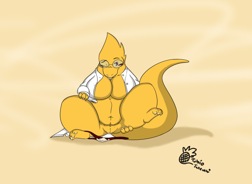 absurd_res alphys anthro belly big_belly big_breasts blush bottomless breasts buckteeth claws clothed clothing cloudmonkey eyewear female glasses hi_res holding_thigh huge_breasts lab_coat navel no_underwear non-mammal_breasts one_eye_closed overweight overweight_female panties partially_clothed presenting presenting_pussy pussy raised_leg reptile scalie sitting solo teeth thick_neck thick_tail thick_thighs unbuttoned undertale underwear undressing video_games wide_hips