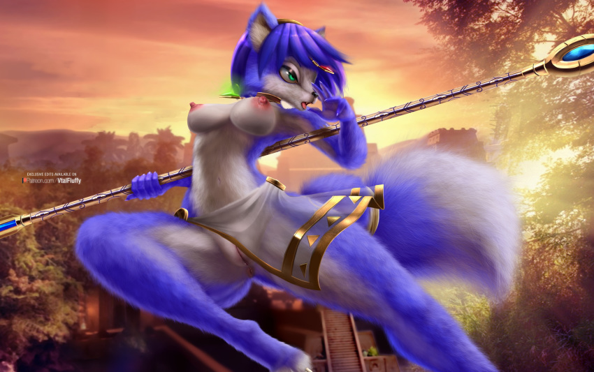 absurd_res action_pose amazing_background anthro anus areola big_breasts big_pussy blue_body blue_fur breasts canid canine clothed clothing detailed_background dipstick_tail female fox fur green_eyes hi_res holding_object holding_weapon jewelry krystal mammal multicolored_body multicolored_fur multicolored_tail necklace nintendo nipples open_mouth outside plump_labia pose puffy_areola puffy_nipples pussy staff star_fox topless translucent translucent_clothing two_tone_body two_tone_fur v-tal video_games weapon