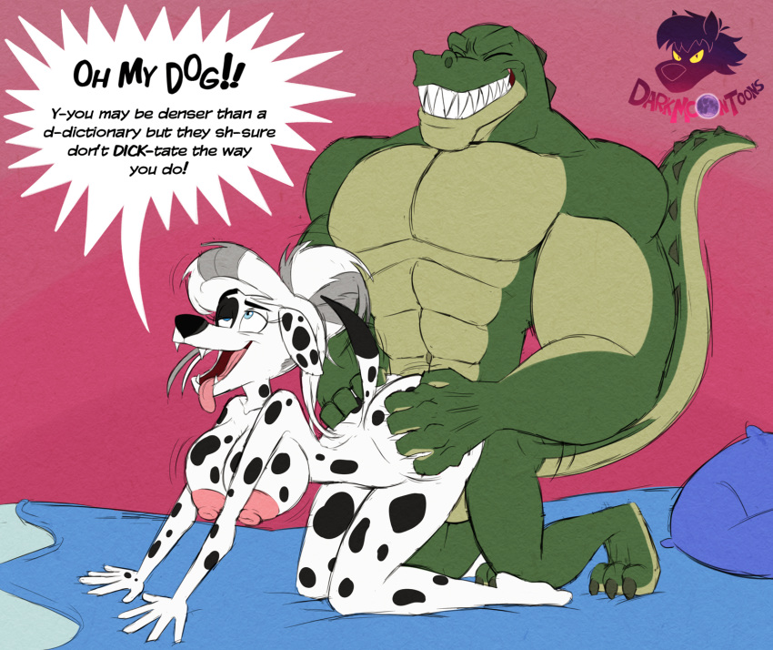 all_fours alligator alligatorid ambiguous_penetration anthro anthro_on_anthro anthro_penetrated anthro_penetrating anthro_penetrating_anthro areola bed big_breasts big_butt blu3danny blue_eyes breasts butt butt_grab canid canine canis crocodilian curvaceous dalmatian darkmoontoons digital_media_(artwork) doggystyle domestic_dog duo english_text fangs female female_penetrated from_behind_position fucked_silly furniture green_body green_scales gretchen_hazard hair hair_bun hand_on_butt hi_res interspecies larger_male looking_pleasured male male/female male_penetrating male_penetrating_female mammal mature_female muscular muscular_male nipples nude open_mouth penetration reptile rod_garth scales scalie sex sharp_teeth size_difference smaller_female speech_bubble spots teeth text timeless tongue tongue_out