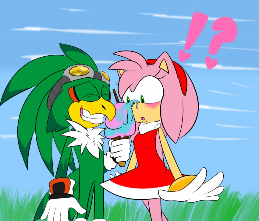 ! &lt;3 2014 ? ?! accipitrid accipitriform amy_rose avian bird blush chest_tuft clothed clothing dessert duo eulipotyphlan female food hedgehog ice_cream jet_the_hawk male mammal renee-moonveil sonic_(series) sonic_riders tuft