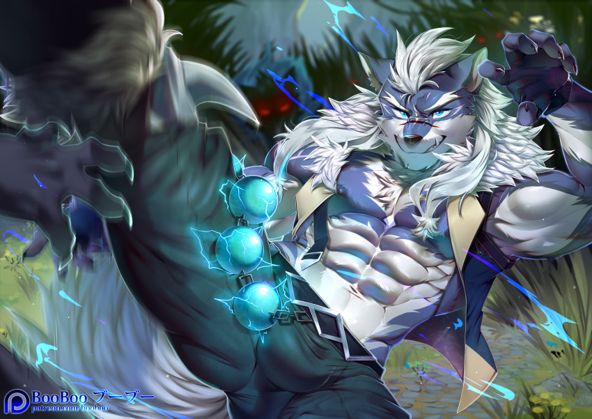 absurd_res anthro biped black_nose blue_body blue_eyes blue_fur booboo34 bulge canid canine canis clothed clothing detailed_background fur group gyee hair hi_res male mammal multicolored_body multicolored_fur muscular muscular_male plant signature solo solo_focus tree two_tone_body two_tone_fur unseen_character white_body white_fur white_hair wolf yang_(gyee)