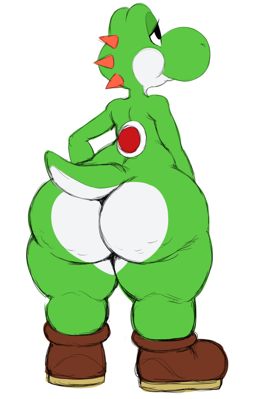 2017 ambiguous_gender anthro big_butt biped butt butt_focus butt_heart clothing dinosaur footwear green_body green_scales green_yoshi hi_res mario_bros nintendo nude reptile scales scalie shell shoes simple_background smile solo sssonic2 standing video_games white_background wide_hips yoshi