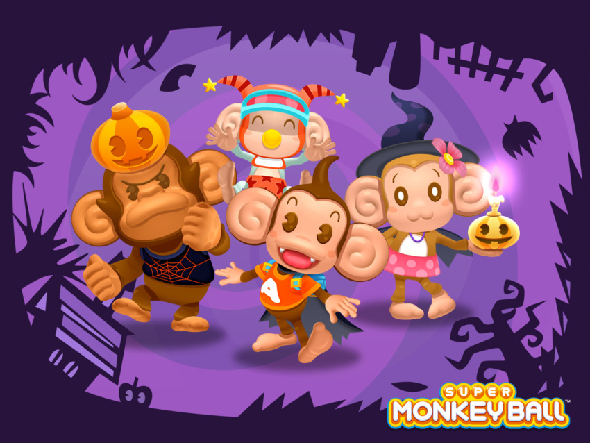 3d_(artwork) 4:3 5_fingers aiai baby_(super_monkey_ball) brown_eyes candle clothing costume digital_media_(artwork) fingers food fruit gongon halloween haplorhine holidays jack-o'-lantern mammal meemee monkey official_art open_mouth open_smile plant primate pumpkin sega smile super_monkey_ball unknown_artist video_games wallpaper