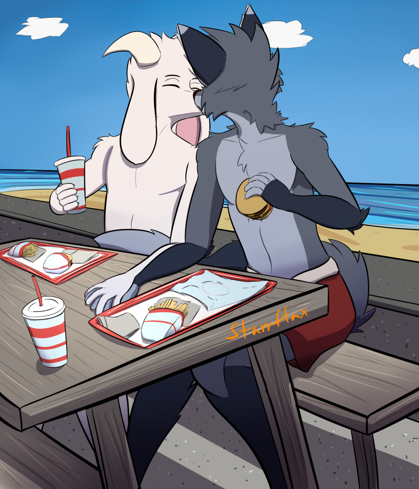 2019 absurd_res aged_up anthro asriel_dreemurr beach beverage boss_monster bottomwear bovid brown_nose burgers canid canine caprine clothed clothing cloud digital_media_(artwork) drinks duo eyes_closed fingers floppy_ears food fries fur furniture grey_body grey_fur hand_holding hi_res holding_food holding_object horn kissing male male/male mammal multicolored_body multicolored_fur outside public seaside shorts sitting soda starrffax starrffax_(fox_sona) table two_tone_body two_tone_fur undertale video_games white_body white_fur