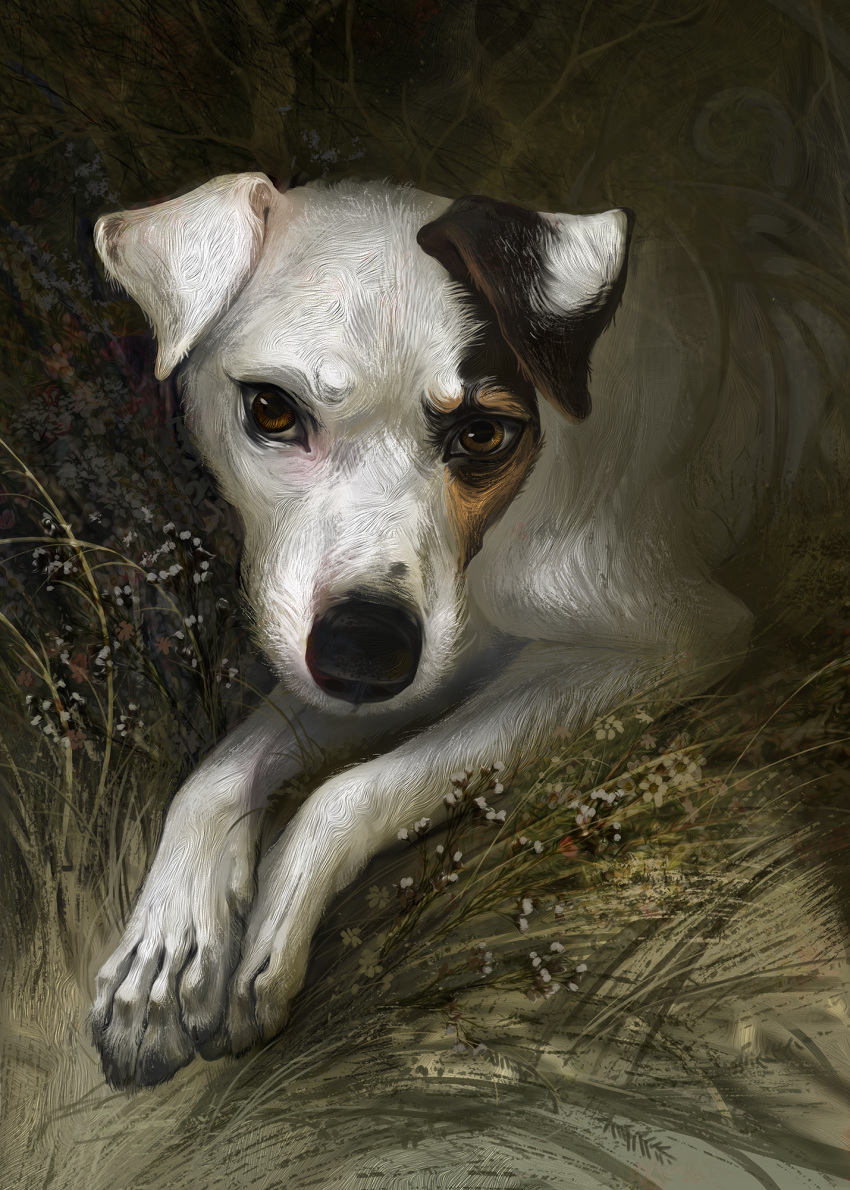 2019 4_toes alaiaorax ambiguous_gender black_nose brown_eyes canid canine canis digital_media_(artwork) domestic_dog feral fur hi_res mammal solo toes white_body white_fur
