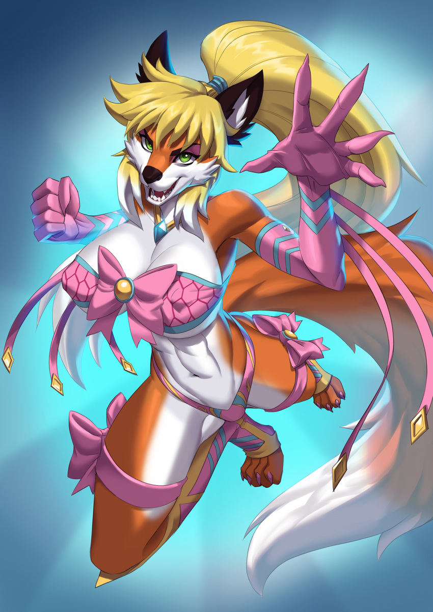2019 4_toes 5_fingers alanscampos anthro barefoot blonde_hair breasts canid canine clothed clothing digital_media_(artwork) eyebrows eyelashes female fingers fox fur green_eyes hair hi_res mammal midriff navel open_mouth orange_body orange_fur skimpy smile solo teeth toes tongue