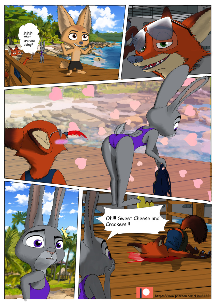 &lt;3 absurd_res anthro blood bodily_fluids buckteeth canid canine clothed clothing cloud comic detailed_background dialogue dipstick_ears dipstick_tail disney eyewear faceplant fennec finnick fox fur green_eyes grey_body grey_fur grin group hi_res judy_hopps link6432 mammal multicolored_ears multicolored_tail nick_wilde nosebleed one-piece_swimsuit orange_body orange_fur outside pier red_fox scut_tail sea sky smile sunglasses swimming_trunks swimwear tan_body tan_fur teeth text topless tree url water zootopia