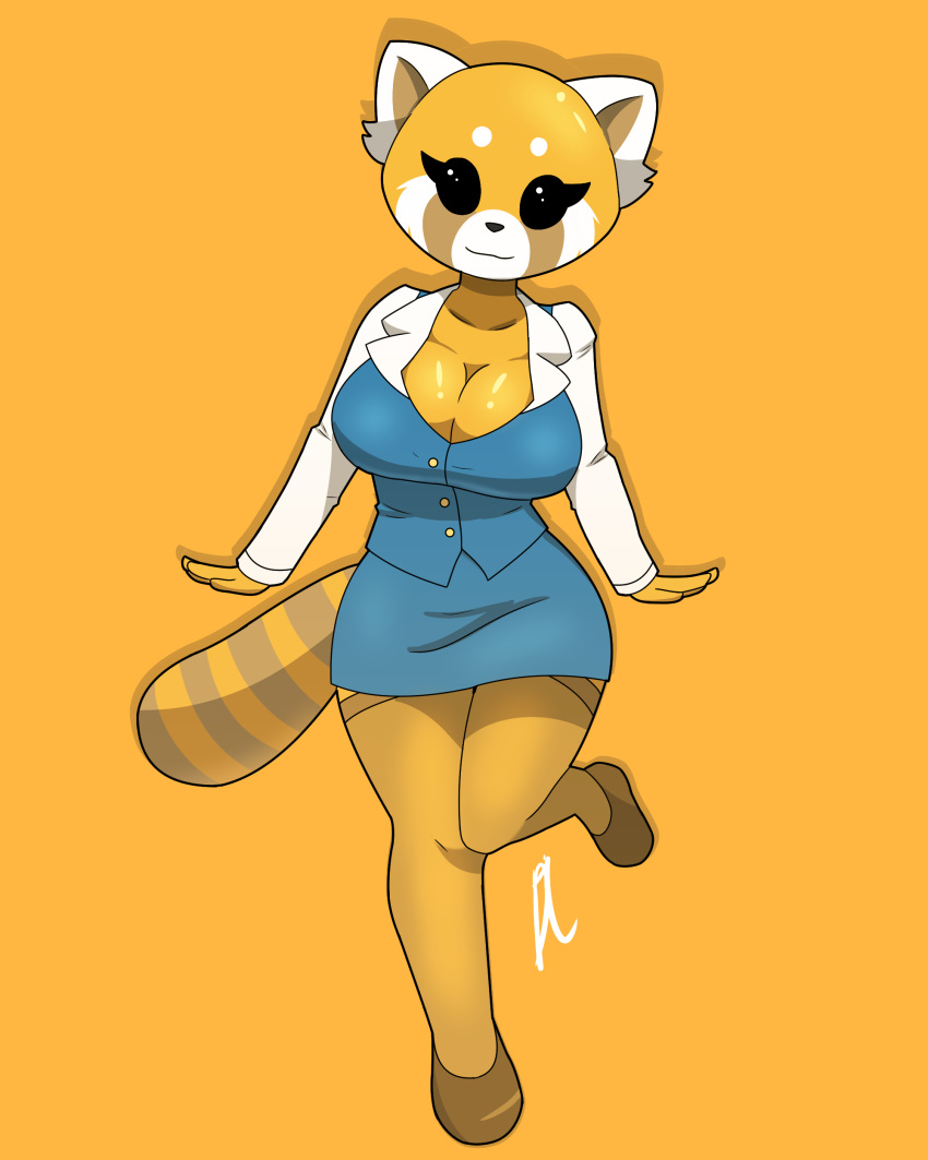 absurd_res aggressive_retsuko ailurid anthro big_breasts black_eyes breasts clothed clothing dark_templar_(artist) eyelashes female fur hi_res mammal orange_background red_panda retsuko sanrio simple_background smile solo standing striped_tail stripes thick_thighs wide_hips