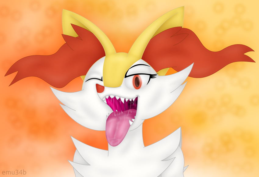 absurd_res bodily_fluids braixen canid canine drooling emu34b female feral hi_res mammal mouth_shot nintendo one_eye_closed orange_eyes pok&eacute;mon pok&eacute;mon_(species) saliva solo tongue tongue_out uvula vector video_games wink