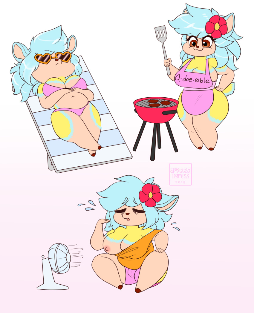 2019 apron baggy_clothing belly big_breasts bikini blue_hair bodily_fluids bottomwear breasts cleavage clothed clothing cooking deerling eyewear fan_(disambiguation) female flower fur grill hair half_naked hi_res hooves horae_deerling lying navel nintendo nipple_slip nipples plant pok&eacute;mon pok&eacute;mon_(species) relaxing shirt short_stack shorts simple_background slightly_chubby spatula spottedtigress sunbathing sunglasses sweat swimwear tank_top text thick_thighs tools topwear video_games wide_hips yellow_body yellow_fur