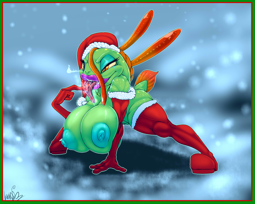 2016 5:4 anthro areola ber00 big_breasts bodily_fluids breasts drooling erect_nipples female hi_res huge_breasts murloc nipples pussy saliva smile solo tongue tongue_out