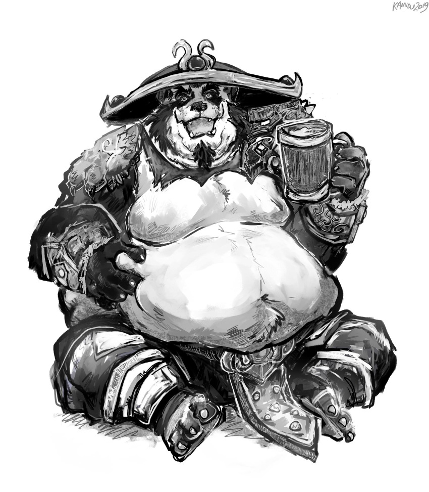 alcohol anthro aokmaidu armor belly belly_grab beverage big_belly blizzard_entertainment claws clothed clothing facial_hair fur greyscale hand_on_stomach hat headgear headwear hi_res holding_object male mammal monochrome moobs navel obese obese_male open_mouth open_smile overweight overweight_male pandaren sitting smile solo tankard toe_claws ursid video_games warcraft