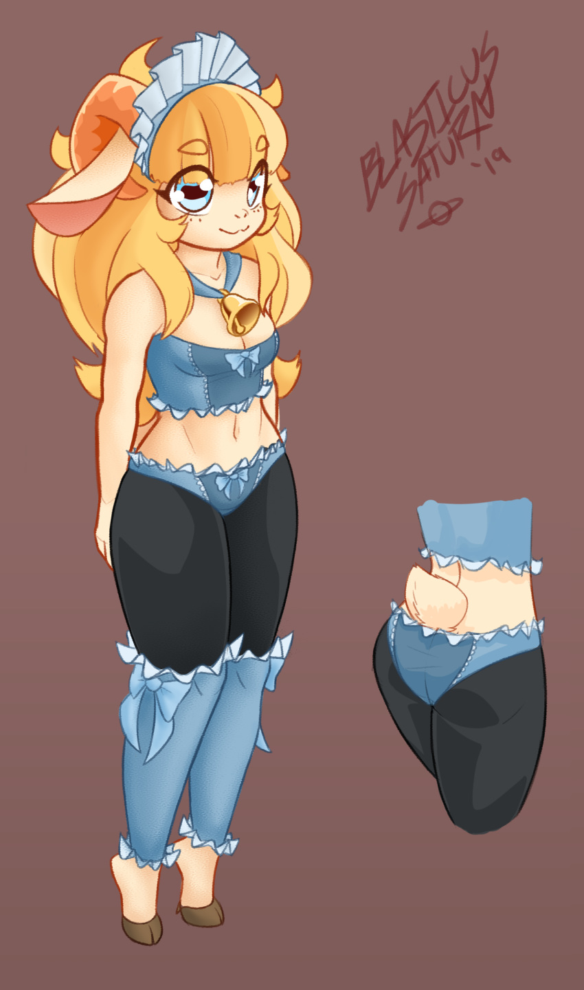 absurd_res anthro bell blasticussaturn blonde_hair blue_eyes bovid bow breasts butt caprine cleavage clothed clothing female frill_(disambiguation) goat hair hi_res horn lace leggings legwear looking_at_viewer mammal panties simple_background smile solo underwear