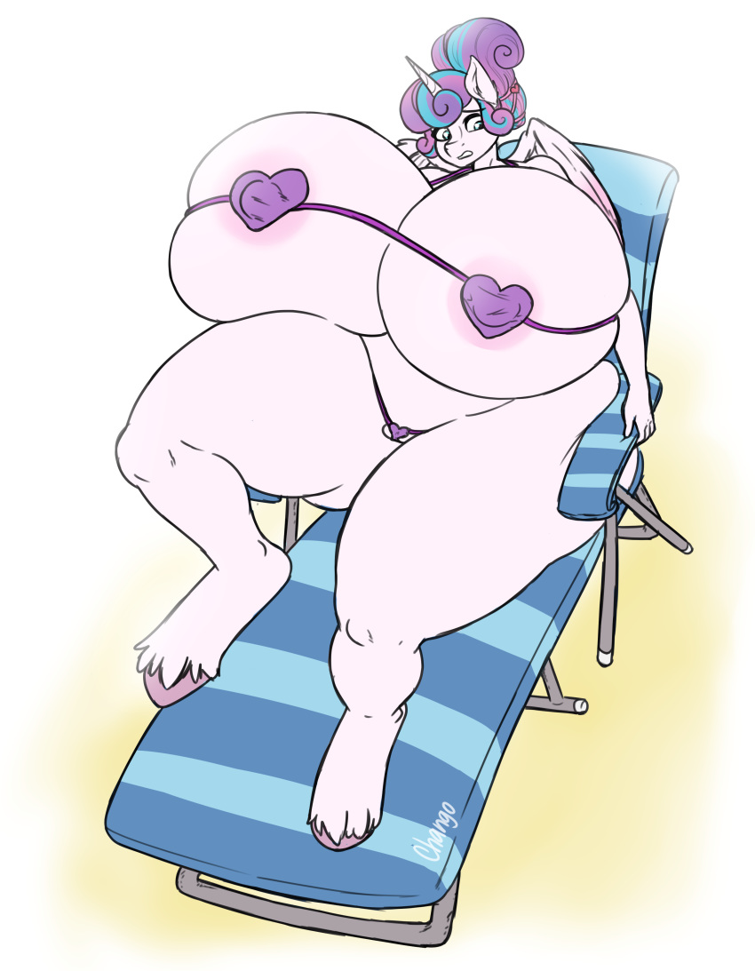 &lt;3 2019 absurd_res aged_up anthro anthrofied areola areola_slip beach_chair big_breasts bikini breasts chair chango-tan clothing equid fetlocks flurry_heart_(mlp) friendship_is_magic furniture hi_res horn huge_breasts hyper hyper_breasts mammal micro_bikini my_little_pony overweight simple_background swimwear thick_thighs tight_clothing wide_hips winged_unicorn wings