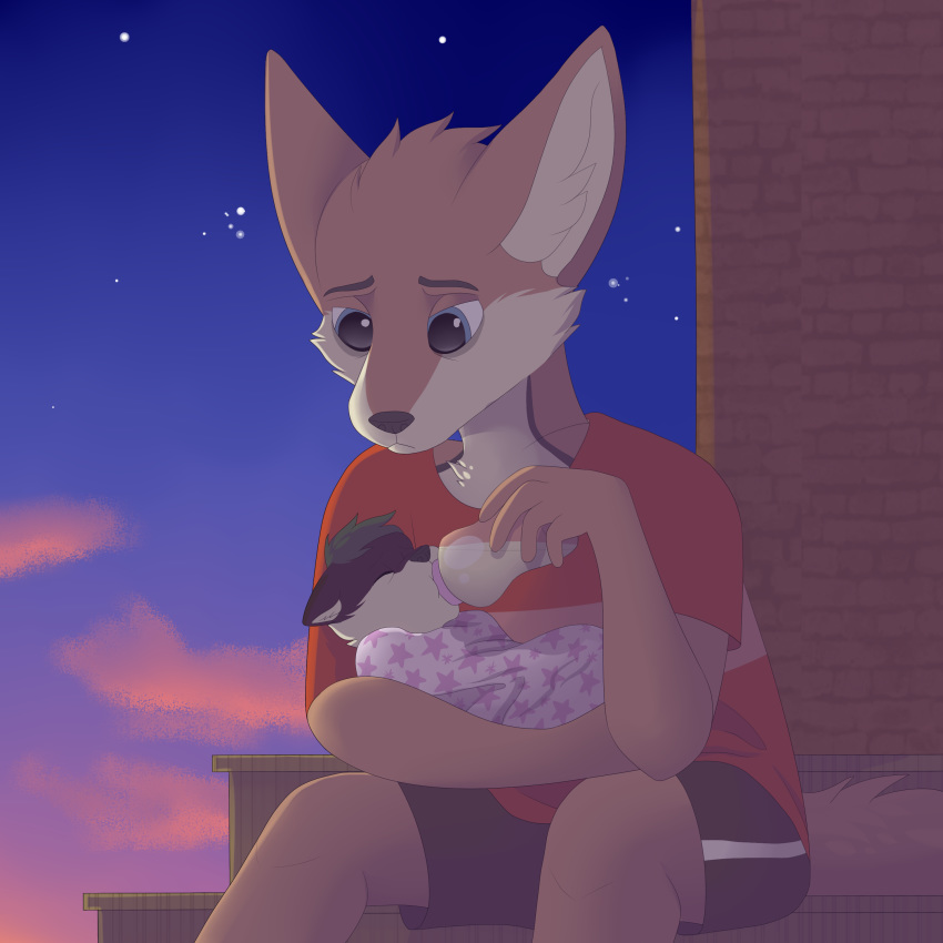 1:1 absurd_res amanda_kruger_(character) baby bottle canid canine canis cloud coyote cub daughter evening father female fur gene_kruger_(character) hi_res male mammal milk outside parent scarletmurr scarletsocks star story story_in_description young