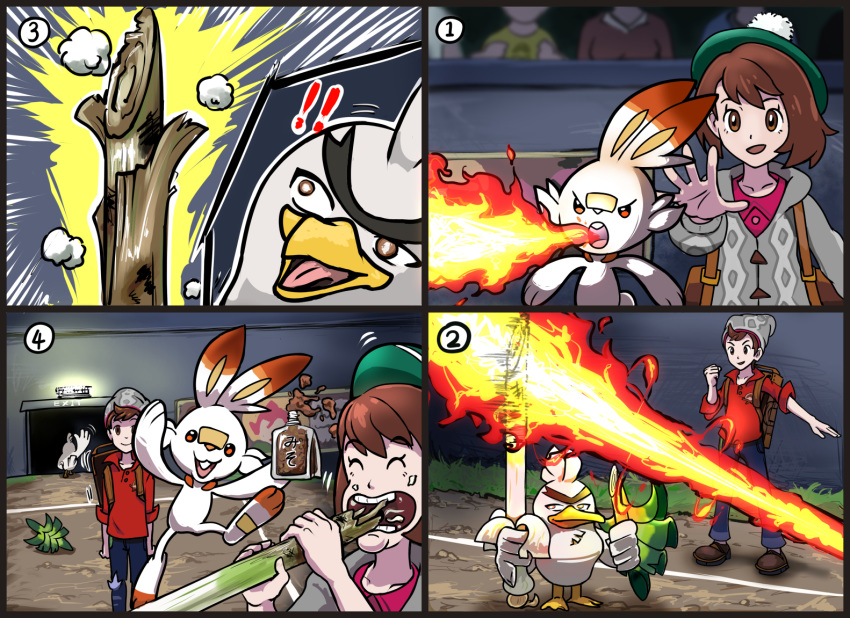 2019 ambiguous_gender anthro avian beak bird brown_hair clothed clothing comic eating eyebrows feather_tuft feathers female fire food fur gloria_(pok&eacute;mon) hair hat head_tuft headgear headwear holding_object human humor lagomorph leek male mammal mega_aruto nintendo onion open_mouth plant pok&eacute;mon pok&eacute;mon_(species) scorbunny sirfetch'd smile teeth topwear tuft vegetable victor_(pok&eacute;mon) video_games white_body white_feathers white_fur yellow_beak