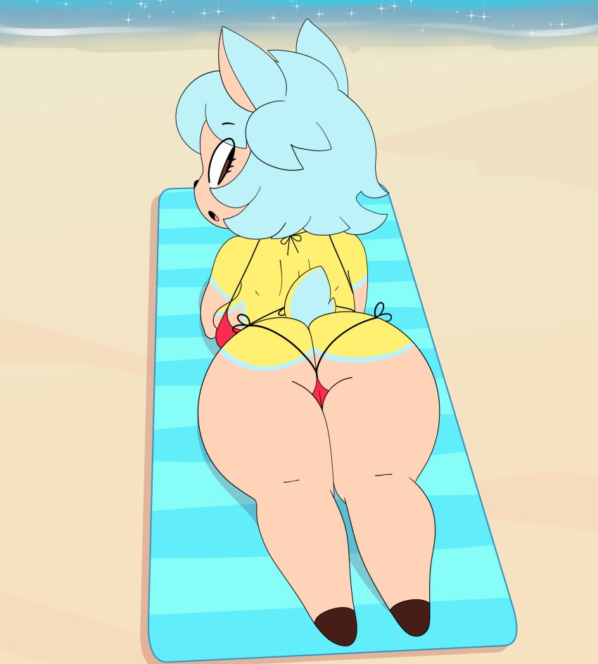 2019 absurd_res bikini blue_hair breasts butt cervid clothing deerling female fur hair hi_res hooves horae_deerling looking_back mammal nintendo pok&eacute;mon pok&eacute;mon_(species) rear_view sand short_hair short_stack side_boob solo somescrub summer_deerling swimwear thick_thighs towel video_games voluptuous water wide_hips yellow_body yellow_fur