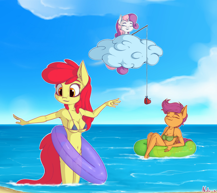 absurd_res apple_bloom_(mlp) big_breasts bikini breasts cleavage clothed clothing cloud cutie_mark_crusaders_(mlp) equid equine female friendship_is_magic hi_res horn mammal my_little_pony neko-me pterippus scootaloo_(mlp) sweetie_belle_(mlp) swimwear unicorn water wings