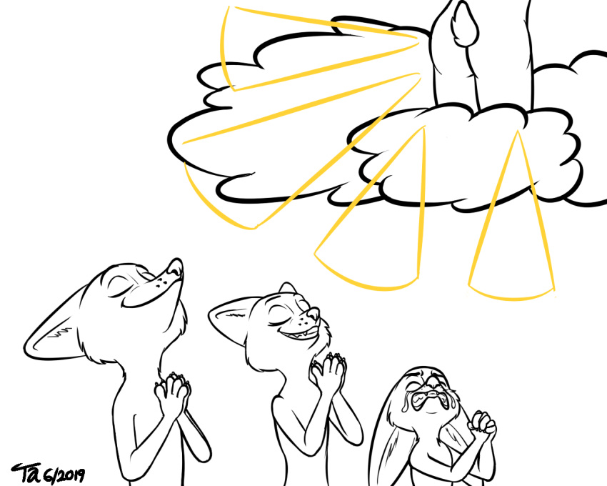 2019 5:4 anthro arctic_fox big_ears black_and_white bodily_fluids butt canid canine cloud crying disney ears_back ears_down eyes_closed female fennec finnick fox grin group humor lagomorph leporid light male mammal monochrome nick_wilde nude pivoted_ears praying rabbit scut_tail sketch skye_(zootopia) smile sunbeam sunlight tangerine_(artist) tears zootopia