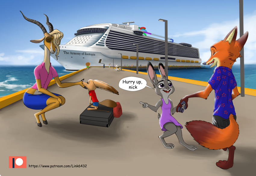 antelope anthro arctic_fox barefoot bottomwear bovid buckteeth canid canine clothed clothing cloud comic detailed_background dialogue dipstick_ears disney dress english_text felid female fennec finnick fox fur gazelle gazelle_(zootopia) grey_body grey_fur group hi_res jack_savage judy_hopps lagomorph leg_markings leporid link6432 lion male mammal markings multicolored_ears nick_wilde orange_body orange_fur outside pantherine patreon purple_eyes rabbit red_fox sea ship shirt shorts skirt sky skye_(zootopia) socks_(marking) speech_bubble suitcase tan_body tan_fur teeth text topwear url vehicle water zootopia