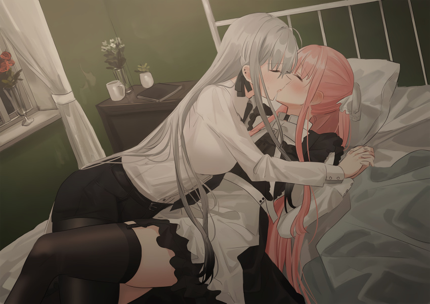 2girls apron bed chihuri405 garter_belt gray_hair kiss maid original pantyhose pink_hair shirt shorts shoujo_ai stockings tie yana_(chihuri) zoya_(chihuri)