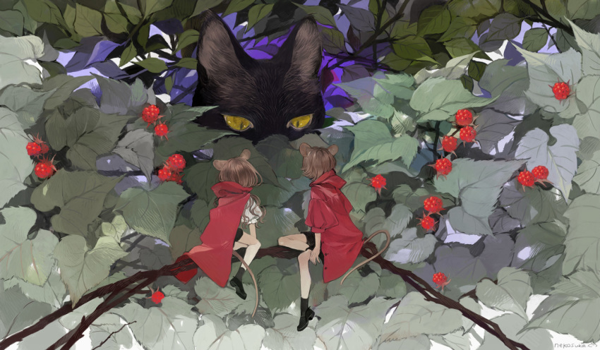 2girls animal animal_ears brown_hair cape cat flowers food fruit hoodie jpeg_artifacts leaves mousegirl nekosuke_(oxo) original short_hair signed tail