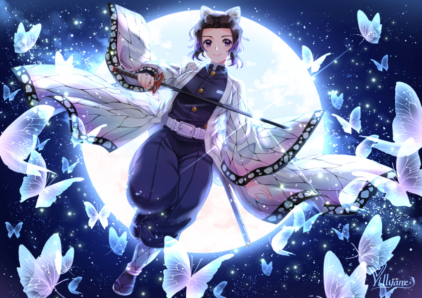 black_hair butterfly japanese_clothes katana kimetsu_no_yaiba kochou_shinobu moon purple_eyes short_hair sword uniform villyane watermark weapon