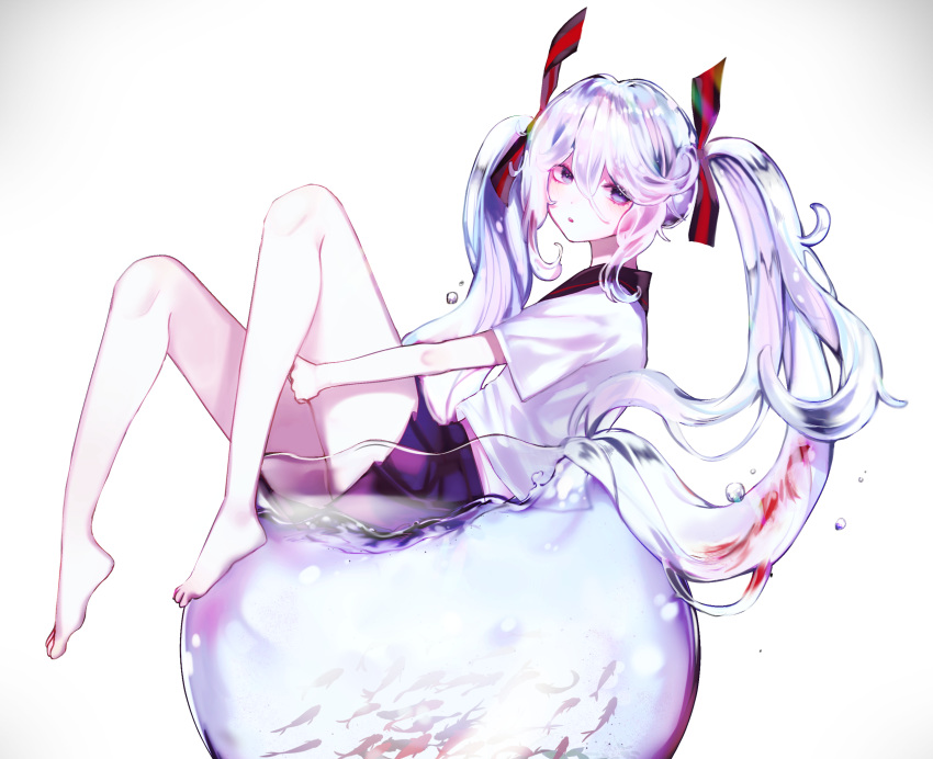 aliasing animal barefoot blue_eyes bottle_miku cropped fish long_hair school_uniform skirt twinpoo vocaloid water white