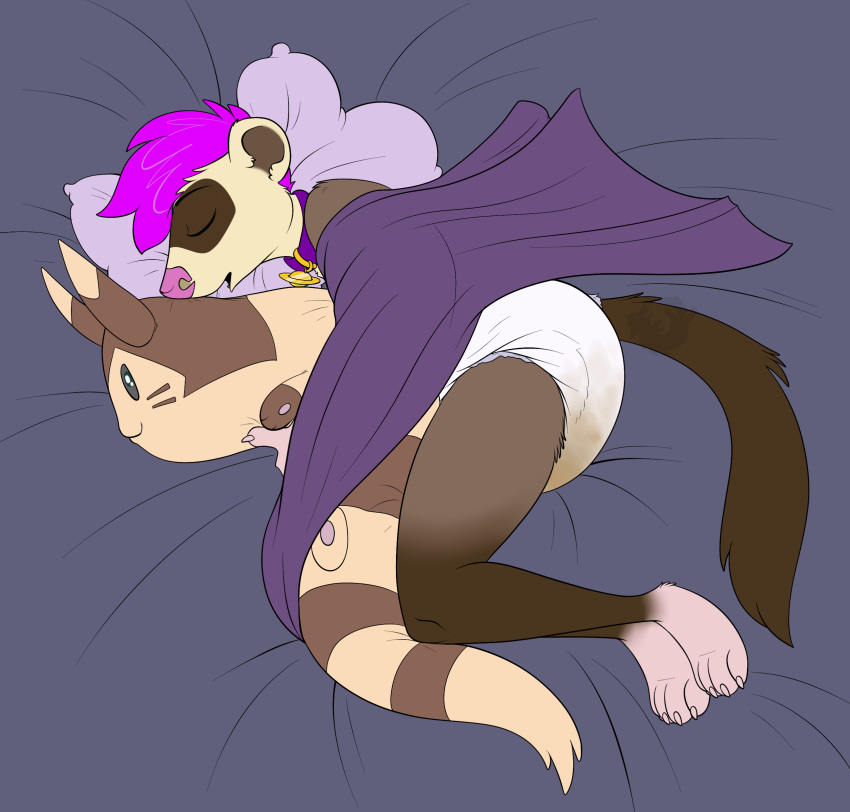 2019 absurd_res anthro astro_(astro_ferret) bodily_fluids brown_body brown_fur collar diaper domestic_ferret fur genital_fluids hair hi_res lying male mammal mustela mustelid musteline on_side pink_hair purple_hair simple_background sleeping solo tailbiter tan_body tan_fur urine watersports wet_diaper wetting