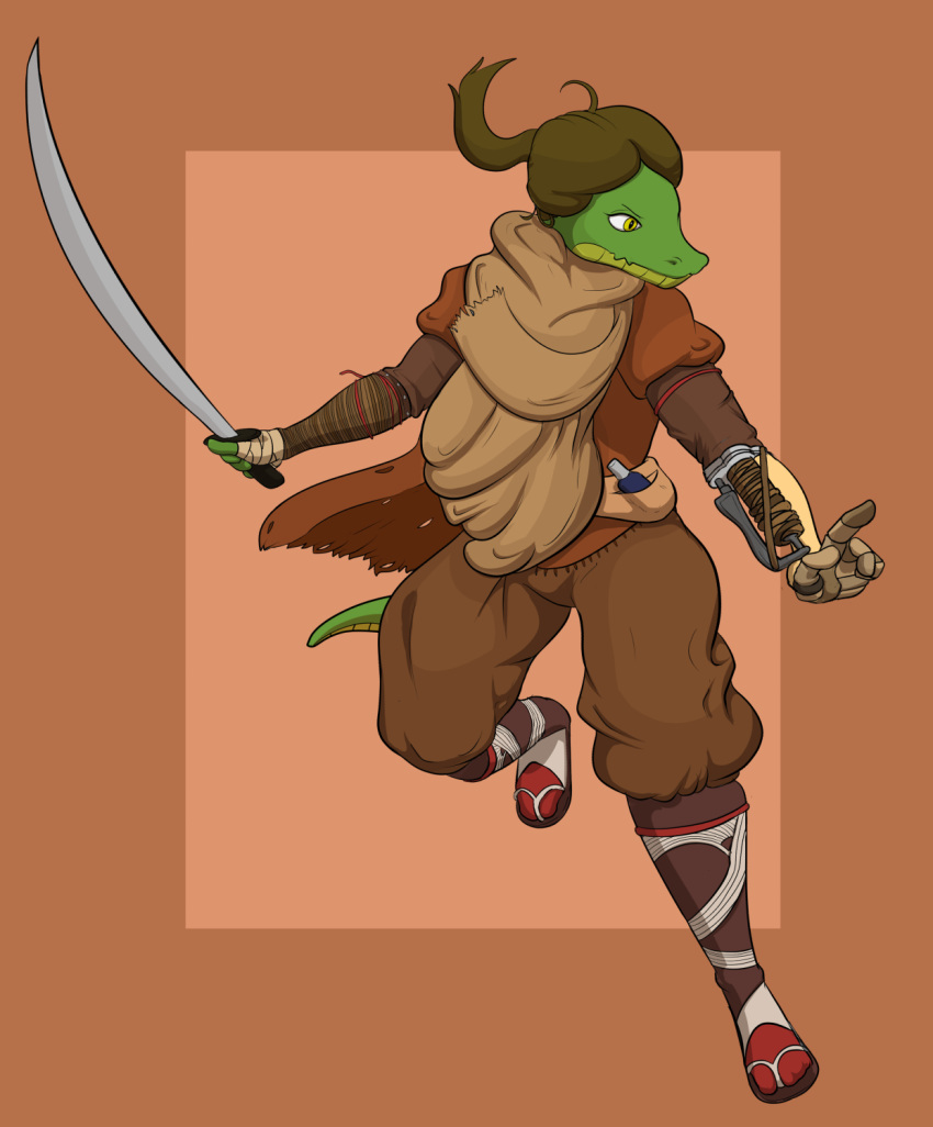 2019 alligator alligatorid amputee anthro brown_hair clothing crocodilian dr_zombie green_body green_skin hair hi_res melee_weapon prosthetic_arm reptile russie scalie scarf simple_background sword weapon