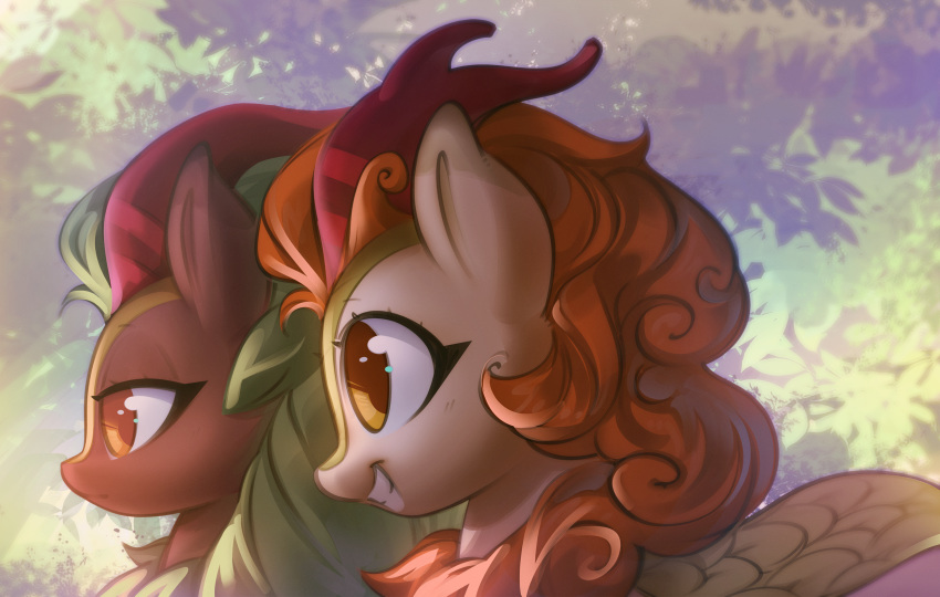 2019 asian_mythology autumn_blaze_(mlp) chinese_mythology cinder_glow_(mlp) duo east_asian_mythology equid eyelashes female feral friendship_is_magic grin hi_res kirin mammal mirroredsea my_little_pony mythology scalie smile