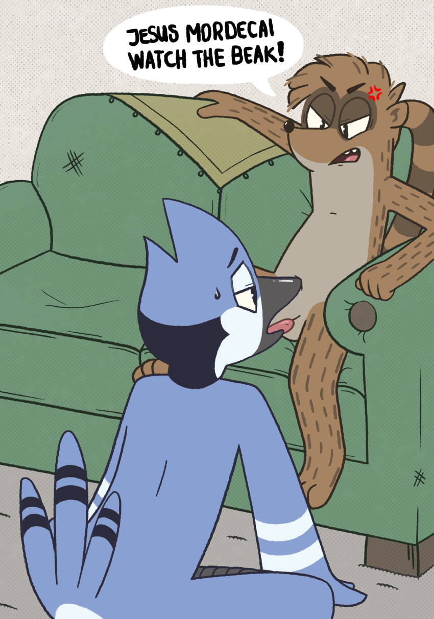 2019 angry anthro avian balls bird blue_body blue_feathers blue_jay bodily_fluids brown_body brown_fur cartoon_network corvid duo english_text erection feathers fellatio fur furniture hi_res jay_(bird) male mammal mordecai_(regular_show) new_world_jay open_mouth oral penile penis polygonpup procyonid raccoon regular_show rigby_(regular_show) sex sofa sweat text tongue toony