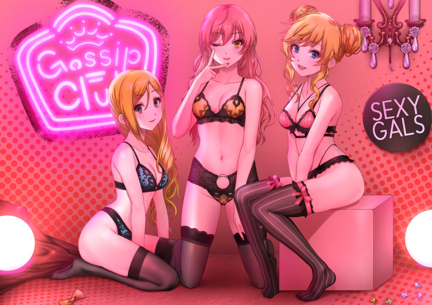 blue_eyes bow bra breasts cleavage fujimoto_rina gray_eyes idolmaster idolmaster_cinderella_girls jougasaki_mika long_hair maou(demonlord) ootsuki_yui orange_hair panties pink pink_hair stockings underwear yellow_eyes