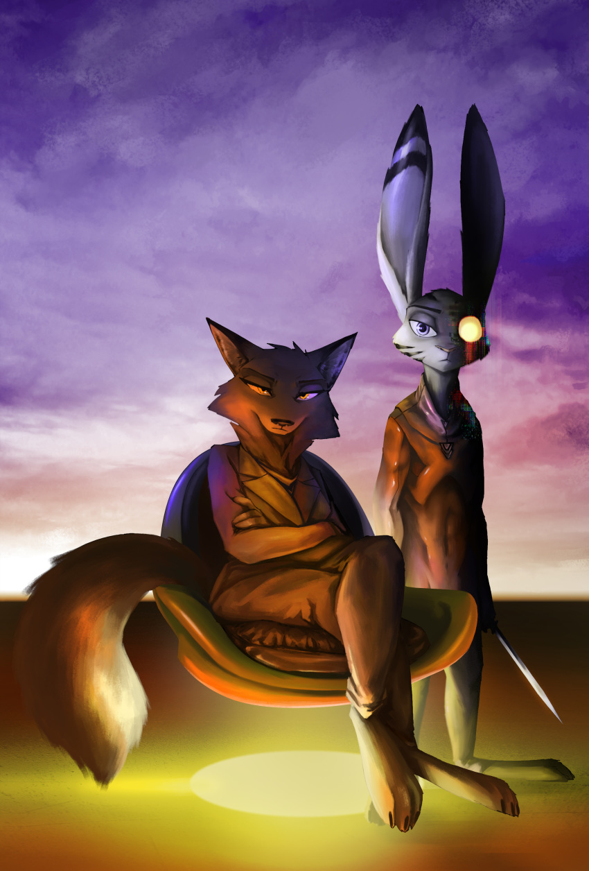 2019 absurd_res ambiguous_gender anthro barefoot canid canine chair cheek_tuft clothed clothing crossed_arms crossed_legs disney duo ear_markings facial_markings fan_character fox fur fur_markings furniture glowing glowing_eyes half-closed_eyes head_markings head_tuft hi_res holding_knife holding_object holding_weapon jack_savage knife lagomorph leporid looking_at_viewer mammal markings neveen_(kulkum) purple_eyes rabbit sitting standing thewyvernsweaver tuft weapon yellow_eyes zootopia