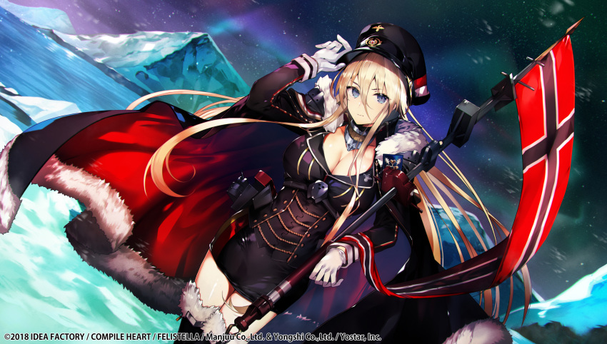 anthropomorphism azur_lane bismarck_(azur_lane) blonde_hair blue_eyes breasts cape cleavage compile_heart gloves hat long_hair skirt snow tetsubuta uniform zettai_ryouiki