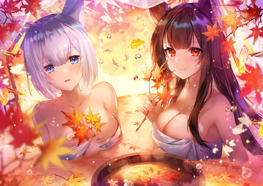 2girls akagi_(azur_lane) animal_ears anthropomorphism applecaramel_(acaramel) autumn azur_lane breasts cleavage foxgirl kaga_(azur_lane) onsen