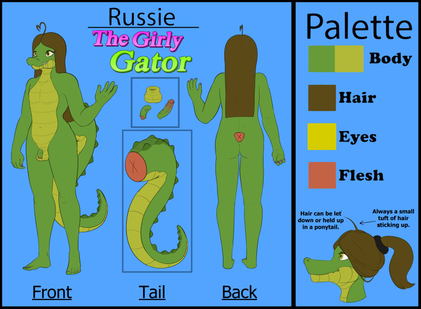 2019 4_fingers 4_toes alligator alligatorid anthro balls brown_hair crocodilian dr_zombie english_text erection fingers flaccid girly hair hi_res male model_sheet penis ponytail reptile russie scalie solo teeth text toes yellow_eyes