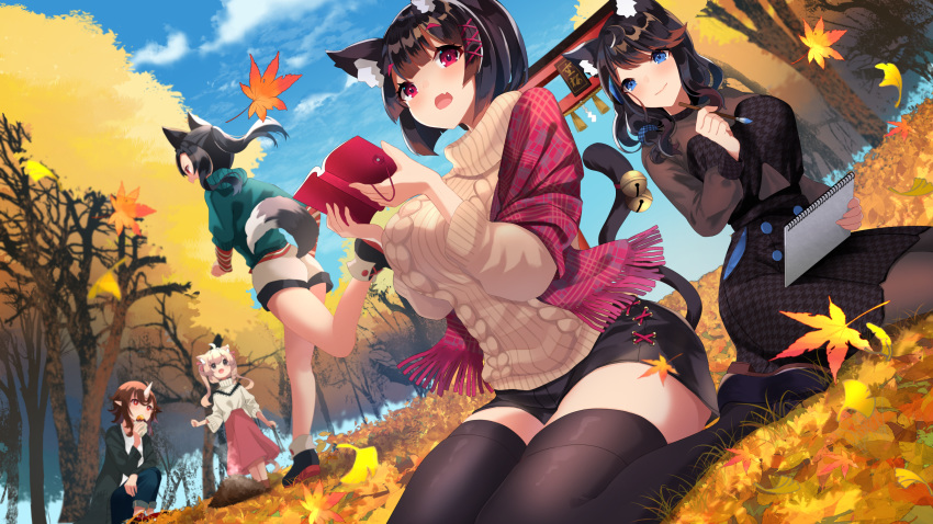 animal_ears anthropomorphism autumn azur_lane bell black_hair blonde_hair blue_eyes blush catgirl clouds forest fusou_(azur_lane) group horns leaves long_hair michishio_(azur_lane) mogami_(azur_lane) pointed_ears ponytail red_eyes sanba_tsui shigure_(azur_lane) short_hair shorts skirt sky tail thighhighs torii tree twintails yamashiro_(azur_lane)