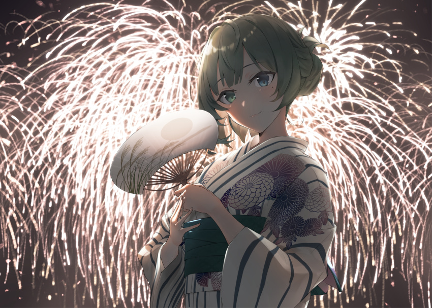 bicolored_eyes fan fireworks green_hair hayashi_kewi idolmaster idolmaster_cinderella_girls japanese_clothes short_hair takagaki_kaede yukata