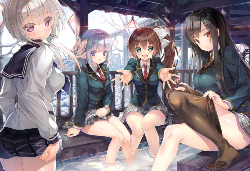 black_hair blush bow emily game_cg gray_hair green_eyes kakegawa_hazuki kiba_satoshi kinomiya_nanoka long_hair maisaka_mai marmalade omaezaki_yuu onsen pantyhose ponytail purple_eyes red_eyes ribbons school_uniform short_hair skirt study_&sect;_steady tie